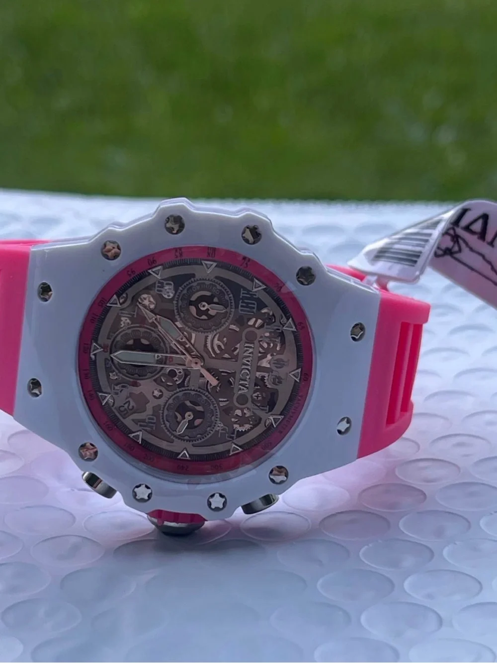 Invicta White and Pink Skeleton Chronograph Watch